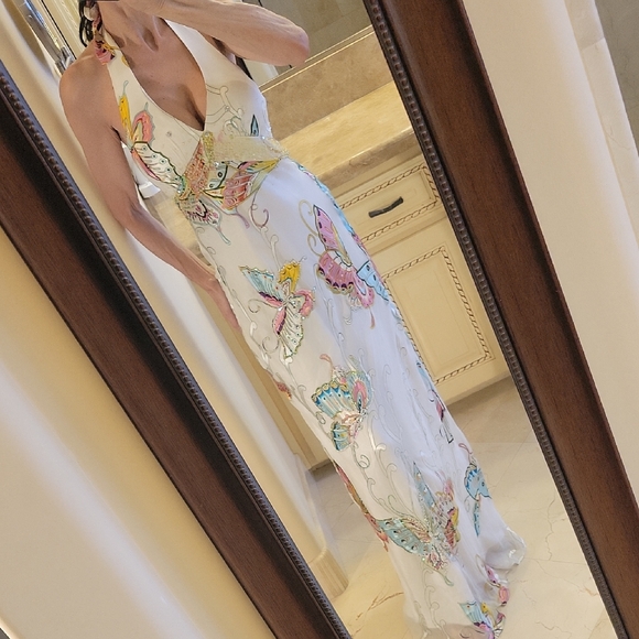 Mary L. Couture Butterfly Halter Embellished Maxi Dress,  Sz 8 - Picture 1 of 16